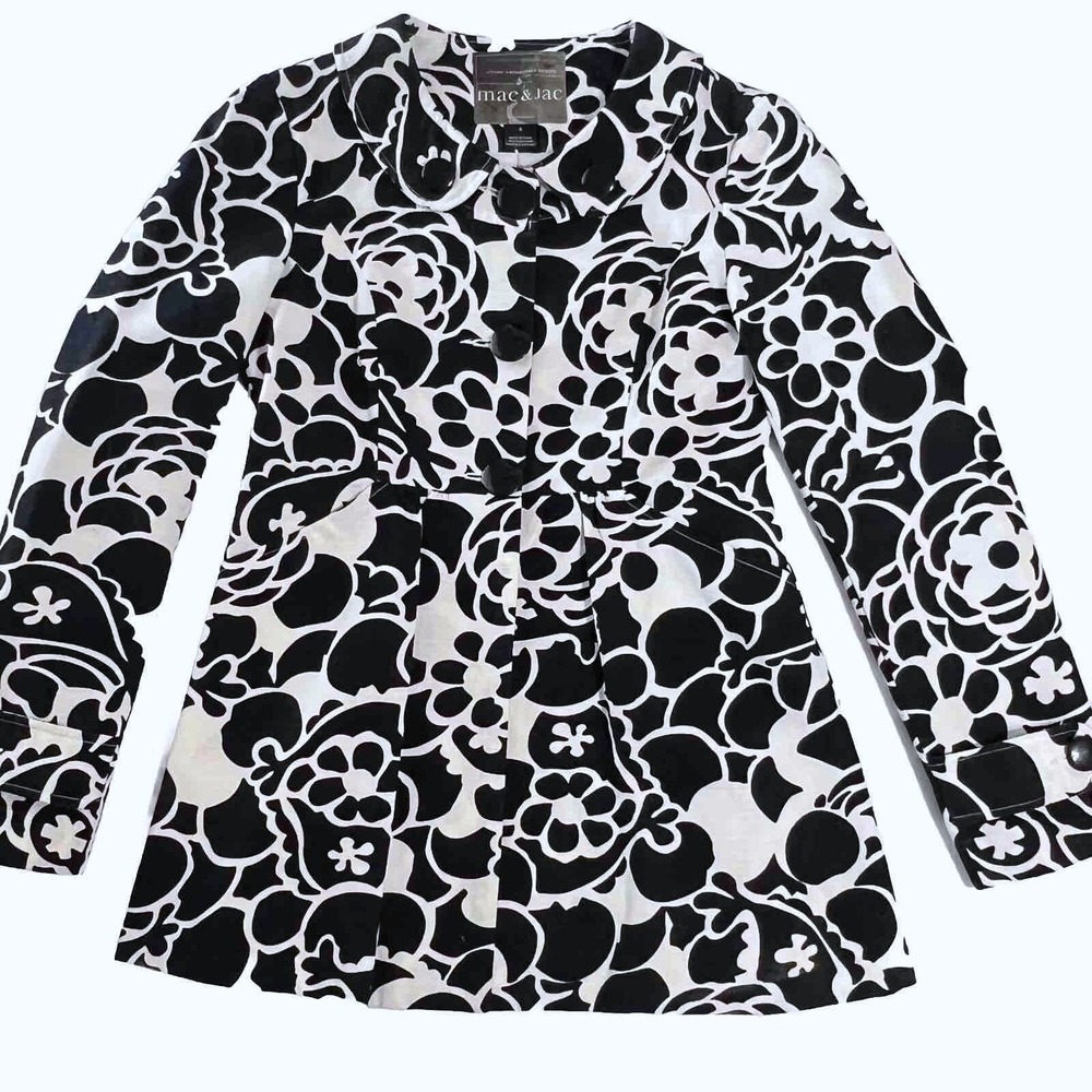 Mac & Jac Floral Pea Coat Women 4 Black White Mod Peter Pan Collar Excellent